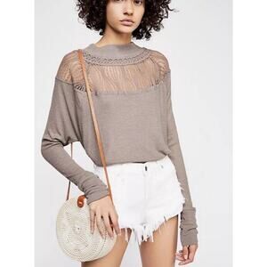 Free People We The Free Spring Valley Gray Open Neck Lace Knit Oversized Blouse